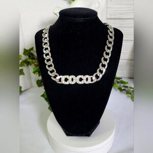 Chunky Silver Cuban Link Chain Rhinestone COCO Necklace